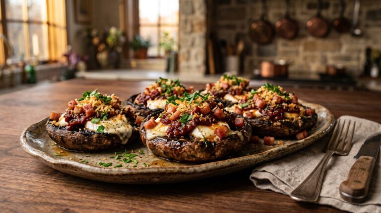 Stunning plated serving of Stuffed Portobello Mushrooms, a chef-tested recipe by Chef Jorj Morgan.