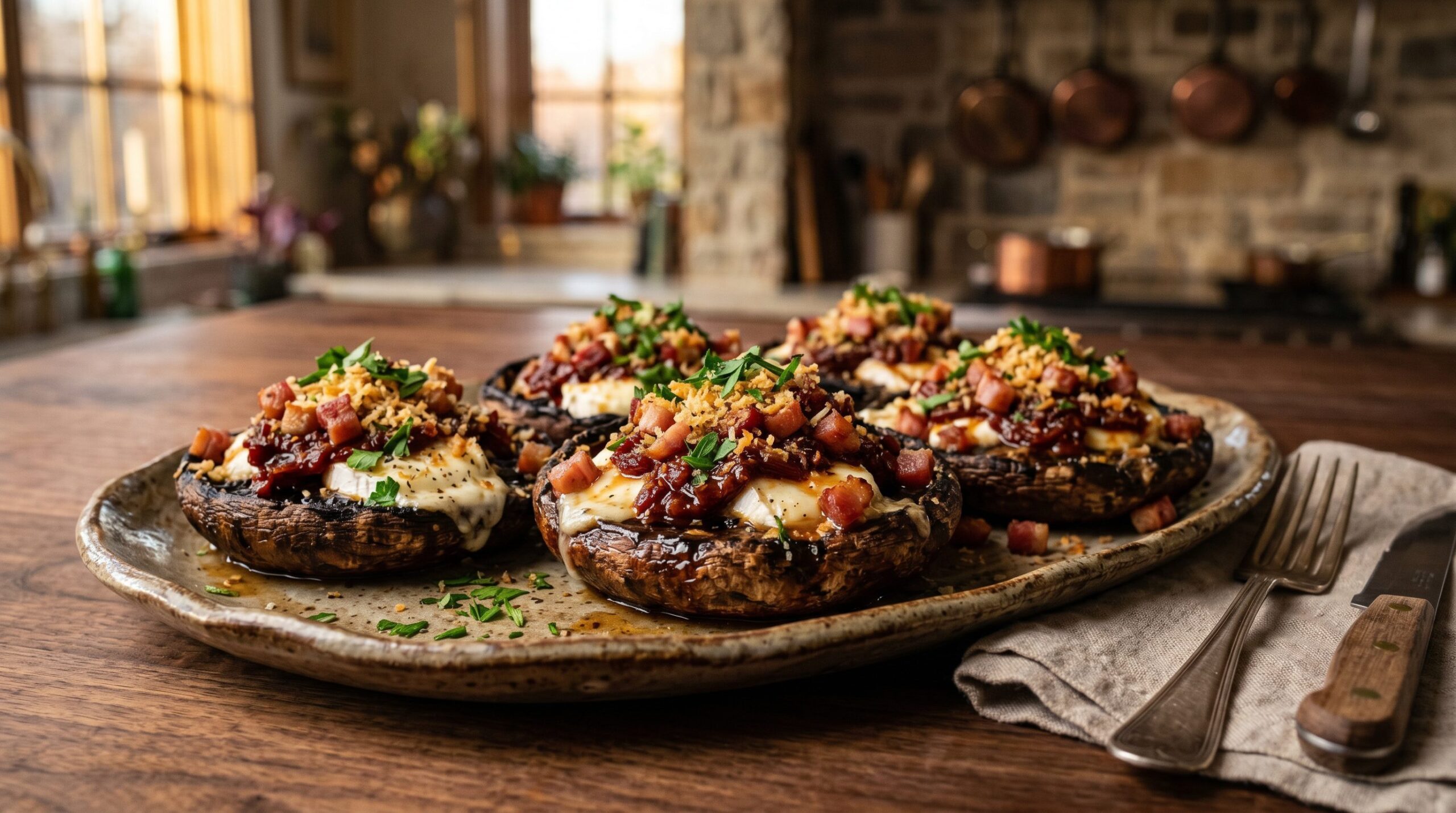 Stunning plated serving of Stuffed Portobello Mushrooms, a chef-tested recipe by Chef Jorj Morgan.