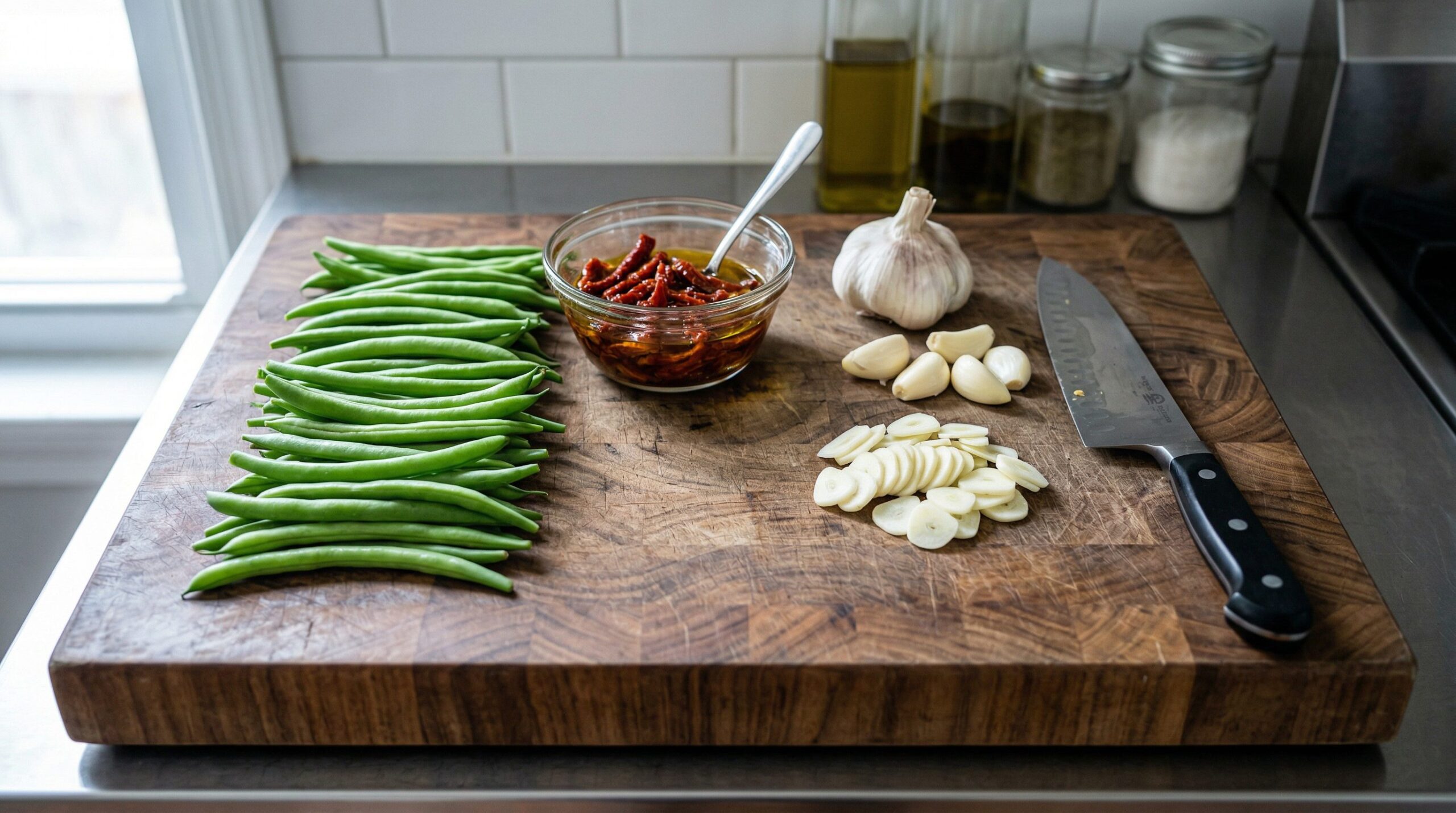Julienned sun-dried tomatoes in oil and thinly sliced garlic coins beside trimmed green beans