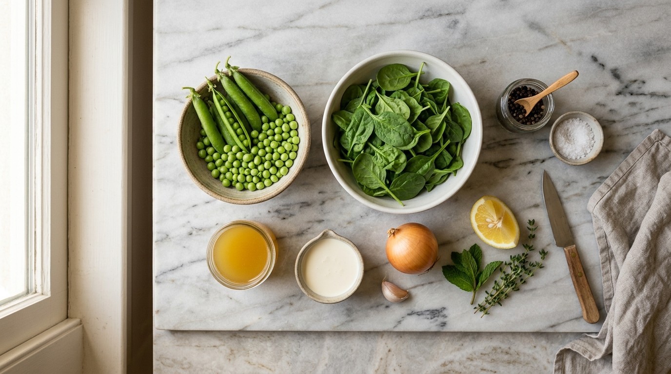 Sweet peas, baby spinach, onion, dill, and lemon arranged for a green soup