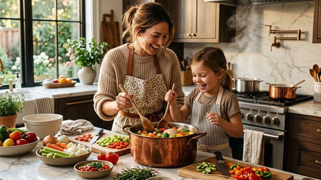 A smiling mother and her child gracefully chopping fresh colorful vegetables for a chicken soup in a modern kitchen.