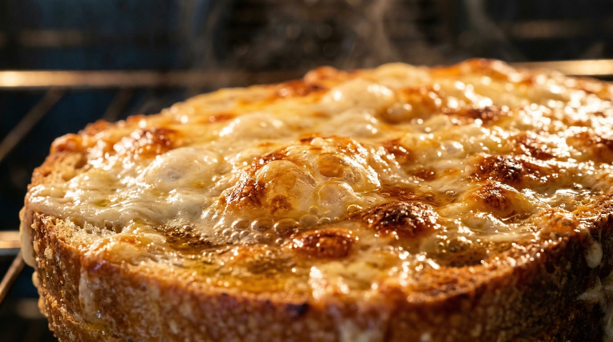 A three-cheese topping baking to a bubbling, golden, oozing state over garlic bread