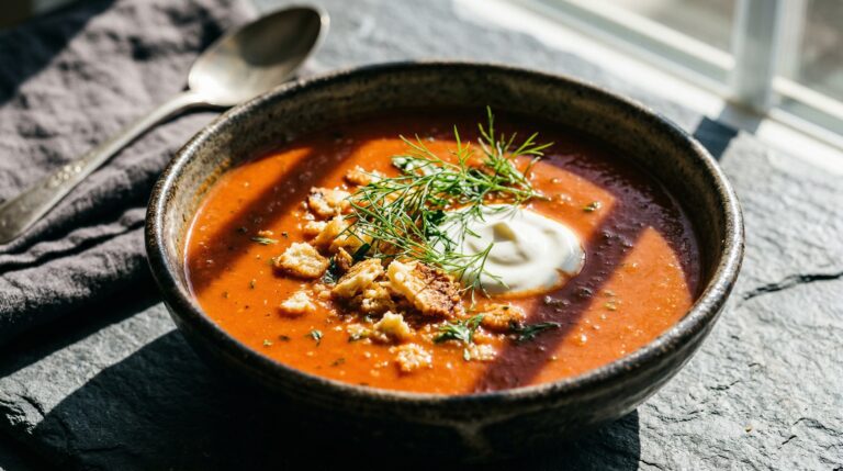 Stunning plated serving of Tomato Soup with Jalapeño and a Hint of Fennel, a chef-tested recipe by Chef Jorj Morgan.