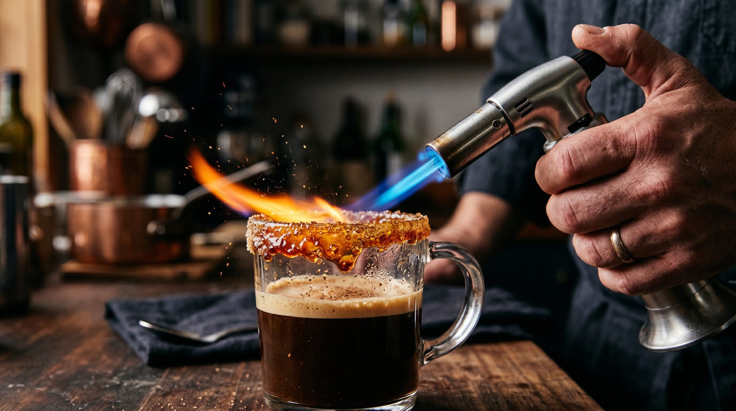 A kitchen torch caramelizing a sugar crust around the rim of a glass coffee mug