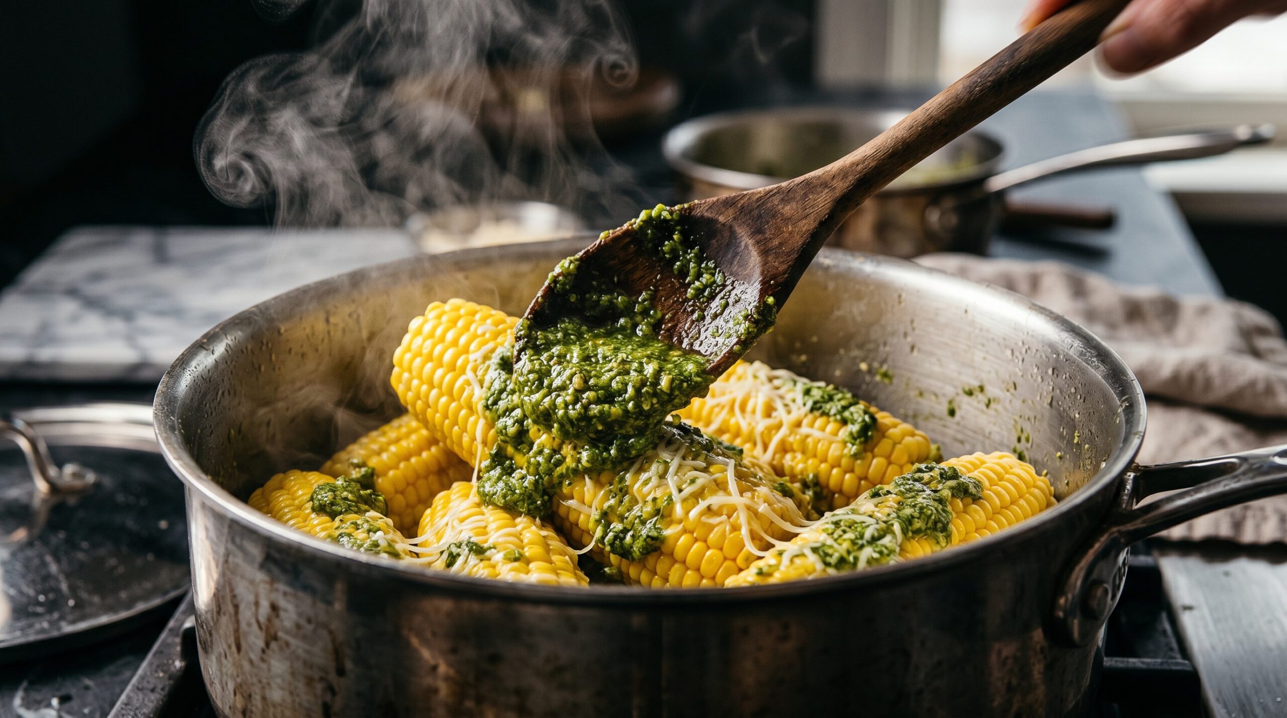 Hot sweet corn being tossed with bright green garlic scape pesto in a pot