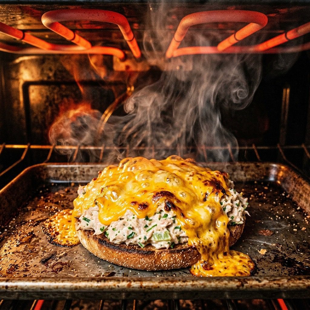 Extreme close-up action shot looking into a hot oven at a bubbling tuna melt under a broiler