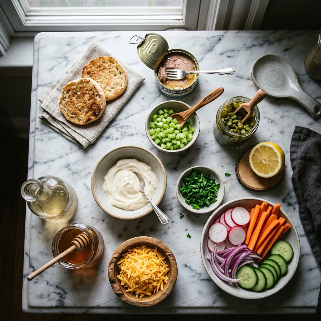 Overhead prep shot of tuna, English muffins, mayonnaise, cornichons, lemon, raw vegetables, vinegar, honey, and cheddar cheese on marble