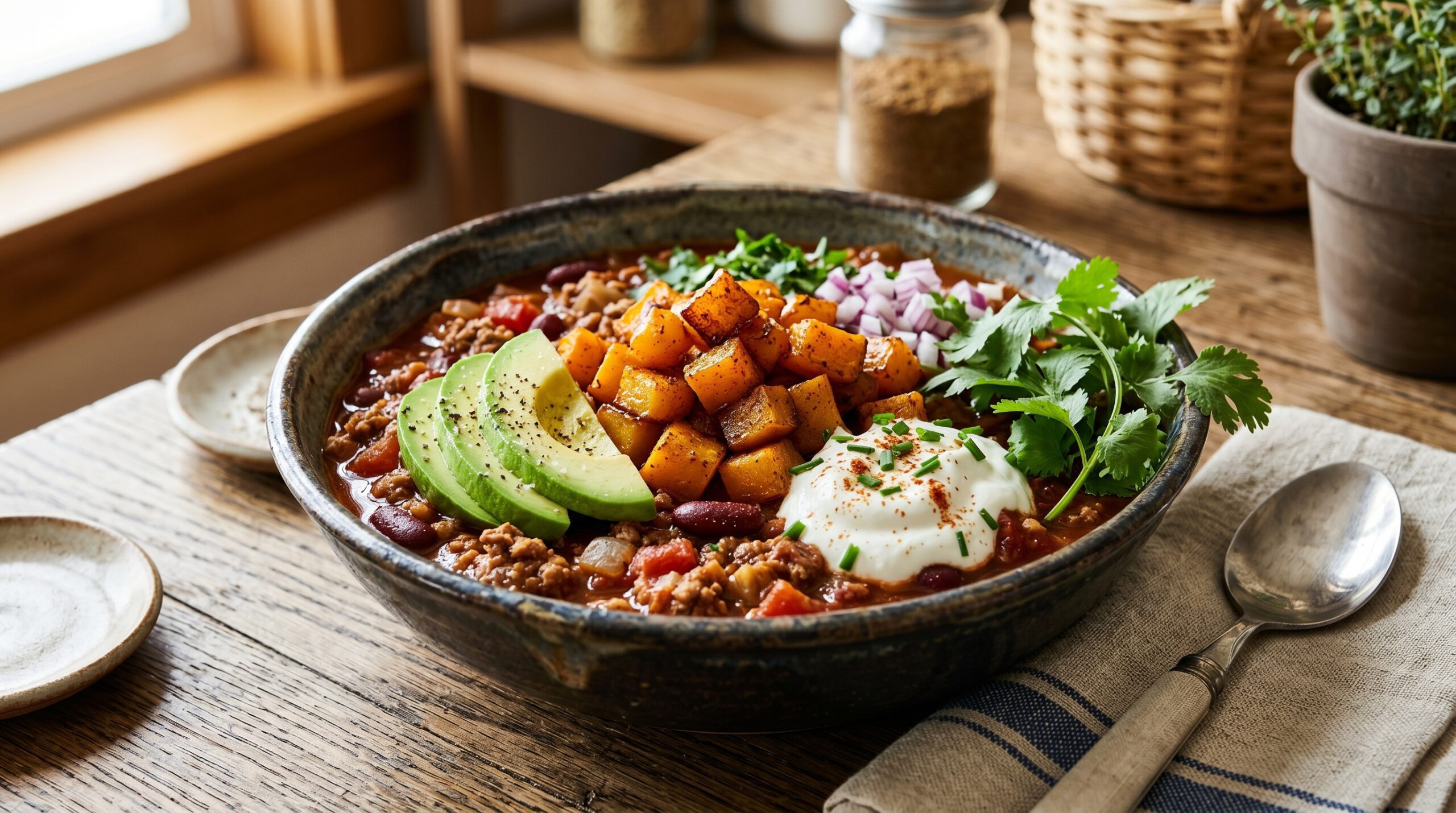 Stunning plated serving of Turkey Chili with Roasted Butternut Squash, a chef-tested recipe by Chef Jorj Morgan.