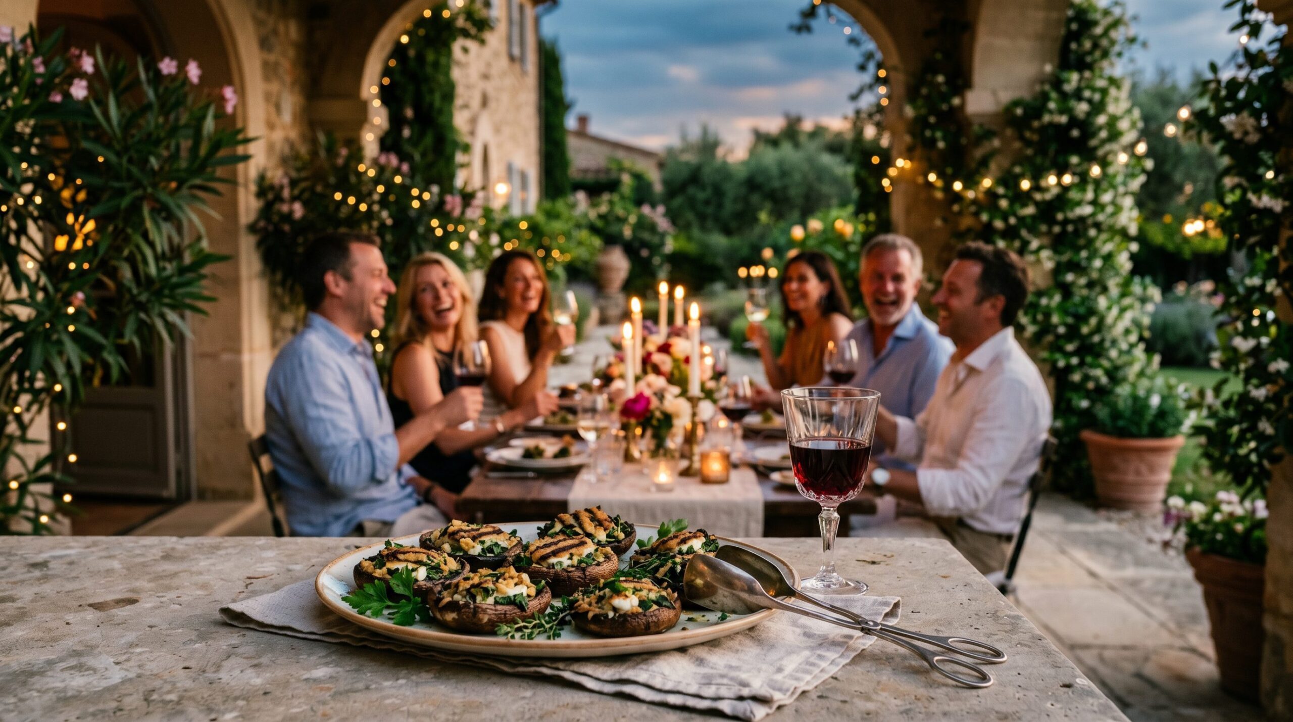 Stuffed grilled portobello mushrooms on a platter at a twilight veranda dinner