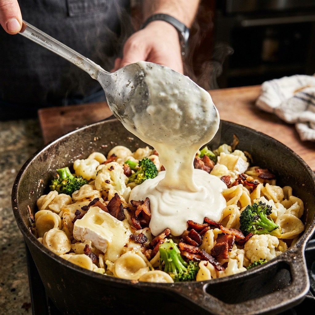 Extreme close-up action shot tossing rich goat cheese sauce into a pot of pasta, cubed cheeses, bacon, broccoli, and cauliflower