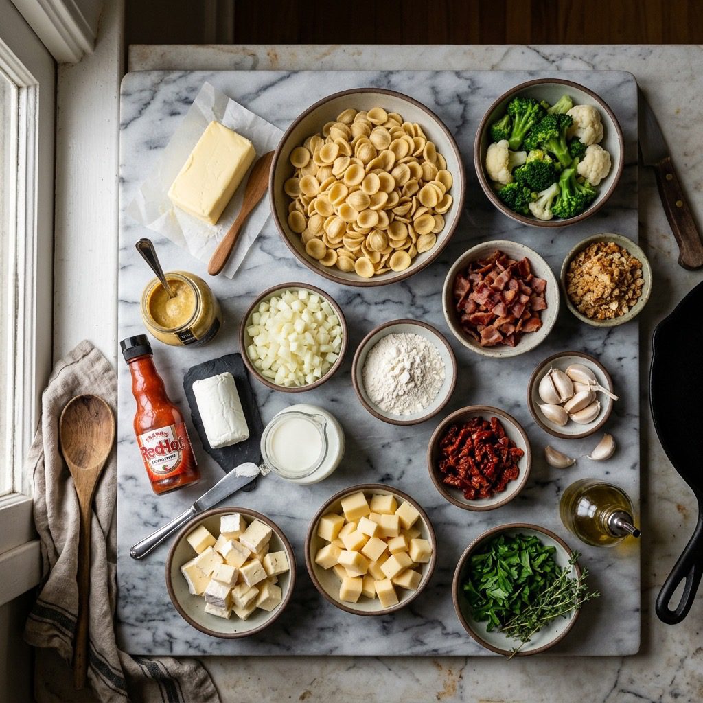 Overhead prep shot of orecchiette, butter, milk, goat cheese, brie, fontina, broccoli, cauliflower, bacon, breadcrumbs, sun-dried tomatoes, and parsley