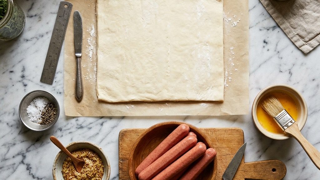 Ingredients for Upscale Puff Pastry Franks arranged for preparation