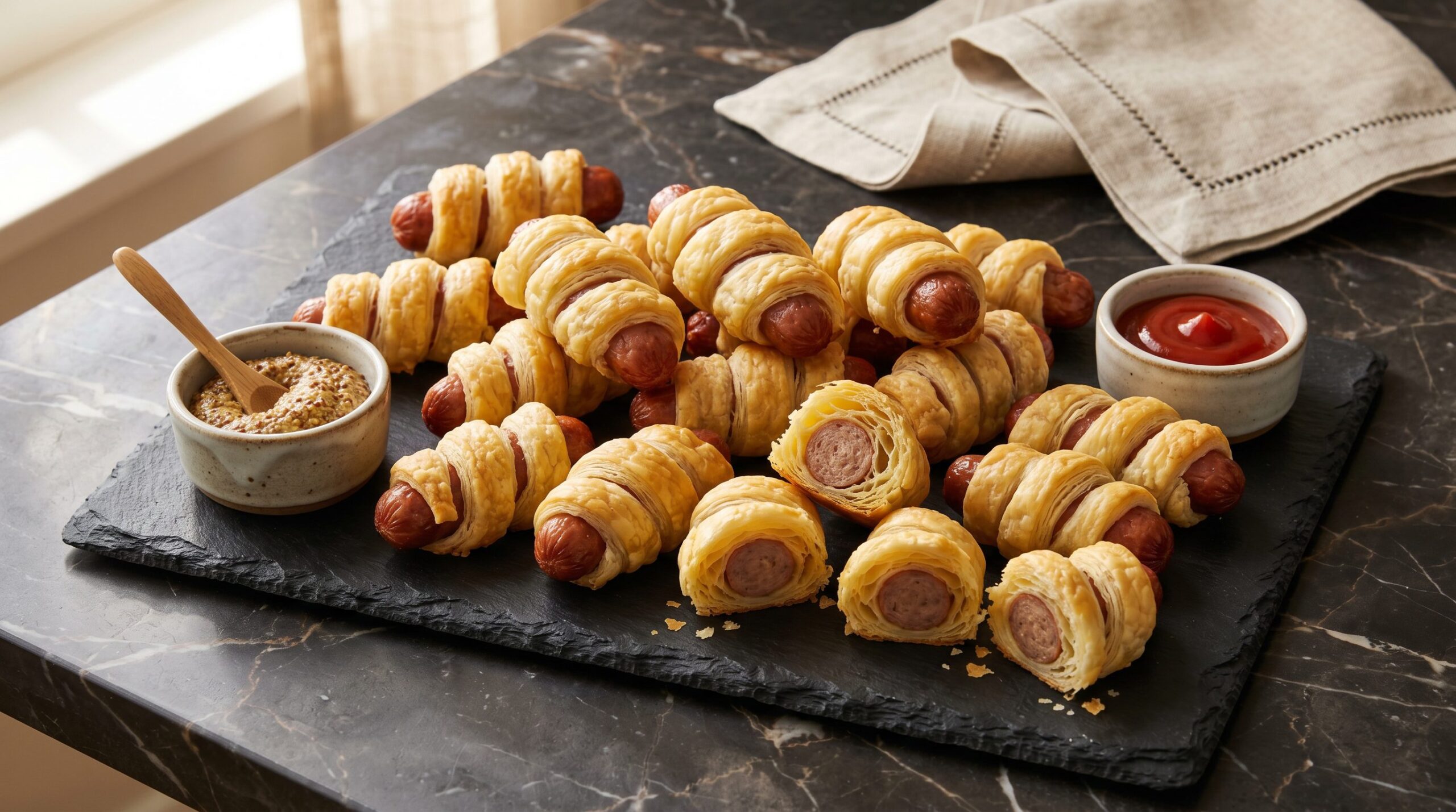 Stunning plated serving of Upscale Puff Pastry Franks, a chef-tested recipe by Chef Jorj Morgan.