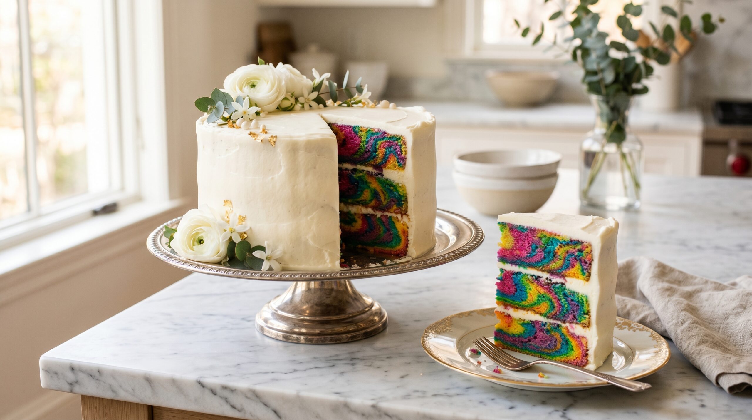 Stunning plated serving of Vibrant Kaleidoscope Layer Cake, a chef-tested recipe by Chef Jorj Morgan.
