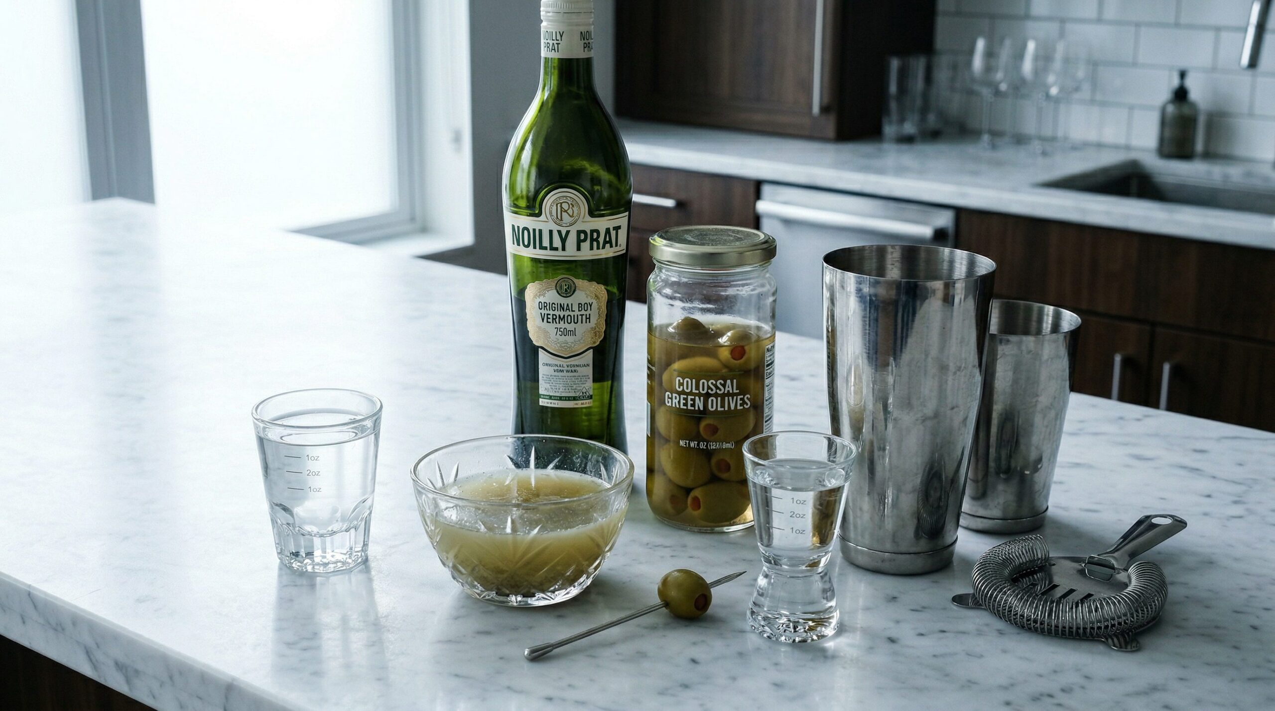 Dirty Martini ingredients on marble: a jigger of vodka, a small bowl of olive brine, dry vermouth, and colossal green olives