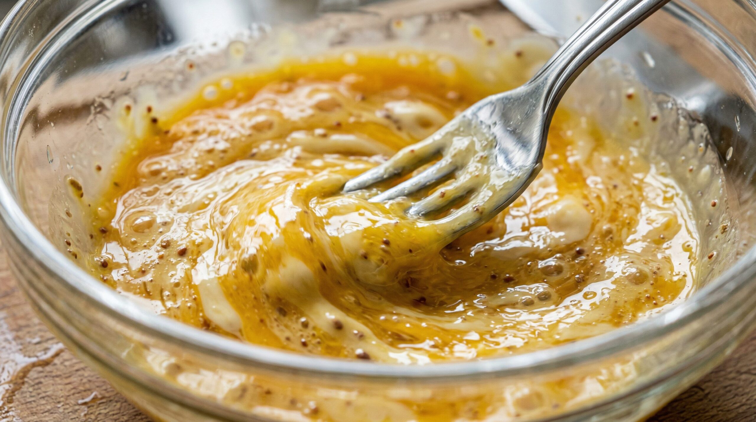 A smooth Dijon and dill yolk filling being whisked to a velvety, pipeable consistency