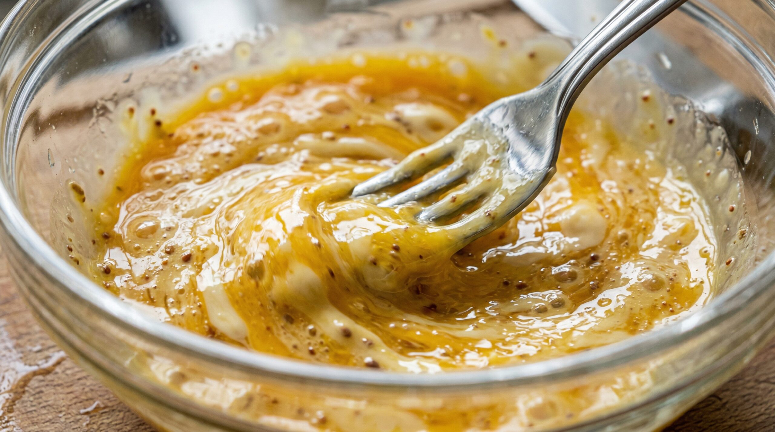 Macro detail of thick, glossy egg yolk, mayonnaise, and Dijon smooth blend being actively whisked with a silver fork inside a glass bowl