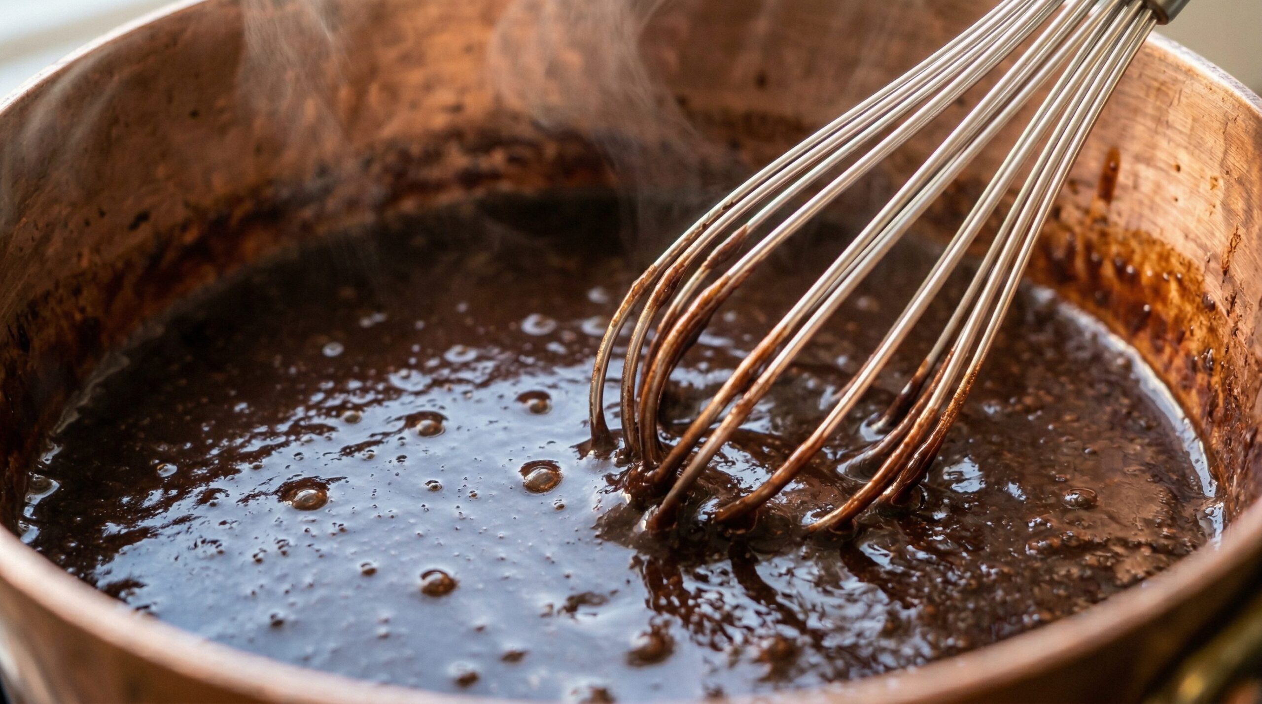 A whisk moving through a velvety simmering mixture of milk and melted cocoa in a copper saucepan