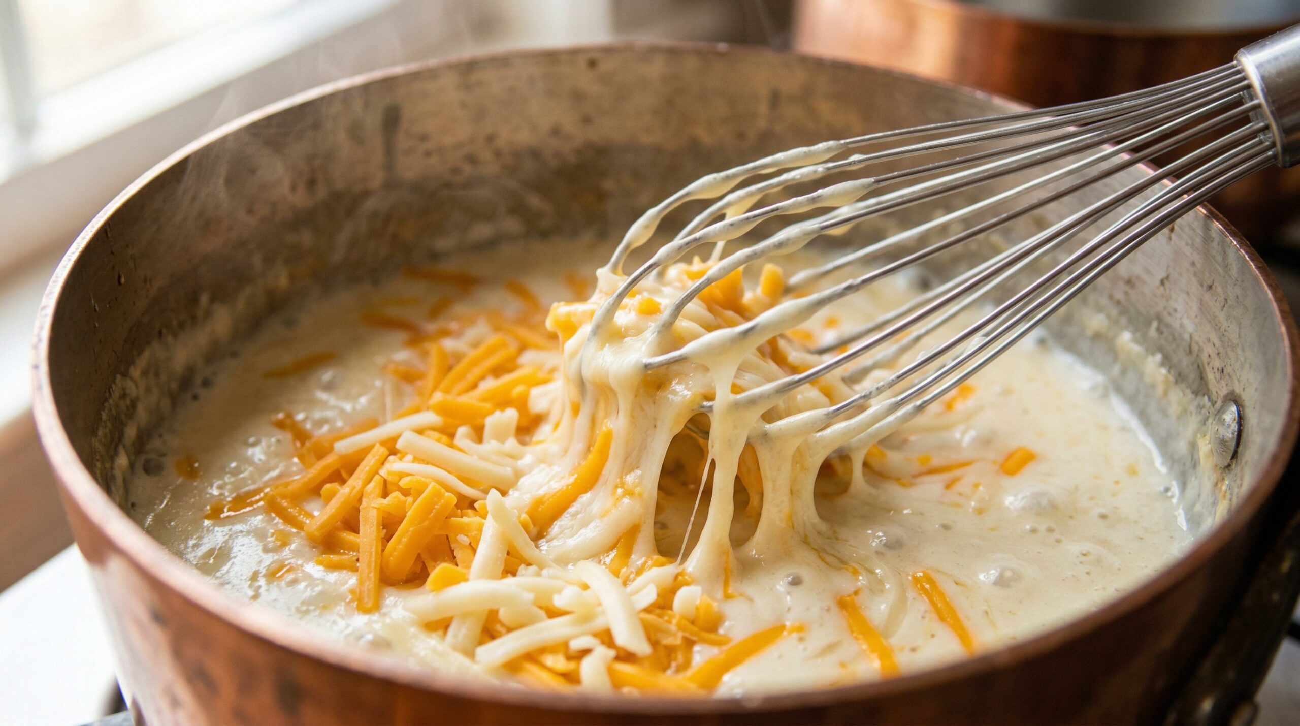 Grated cheddar being whisked into a hot bechamel until the sauce turns a deep golden orange