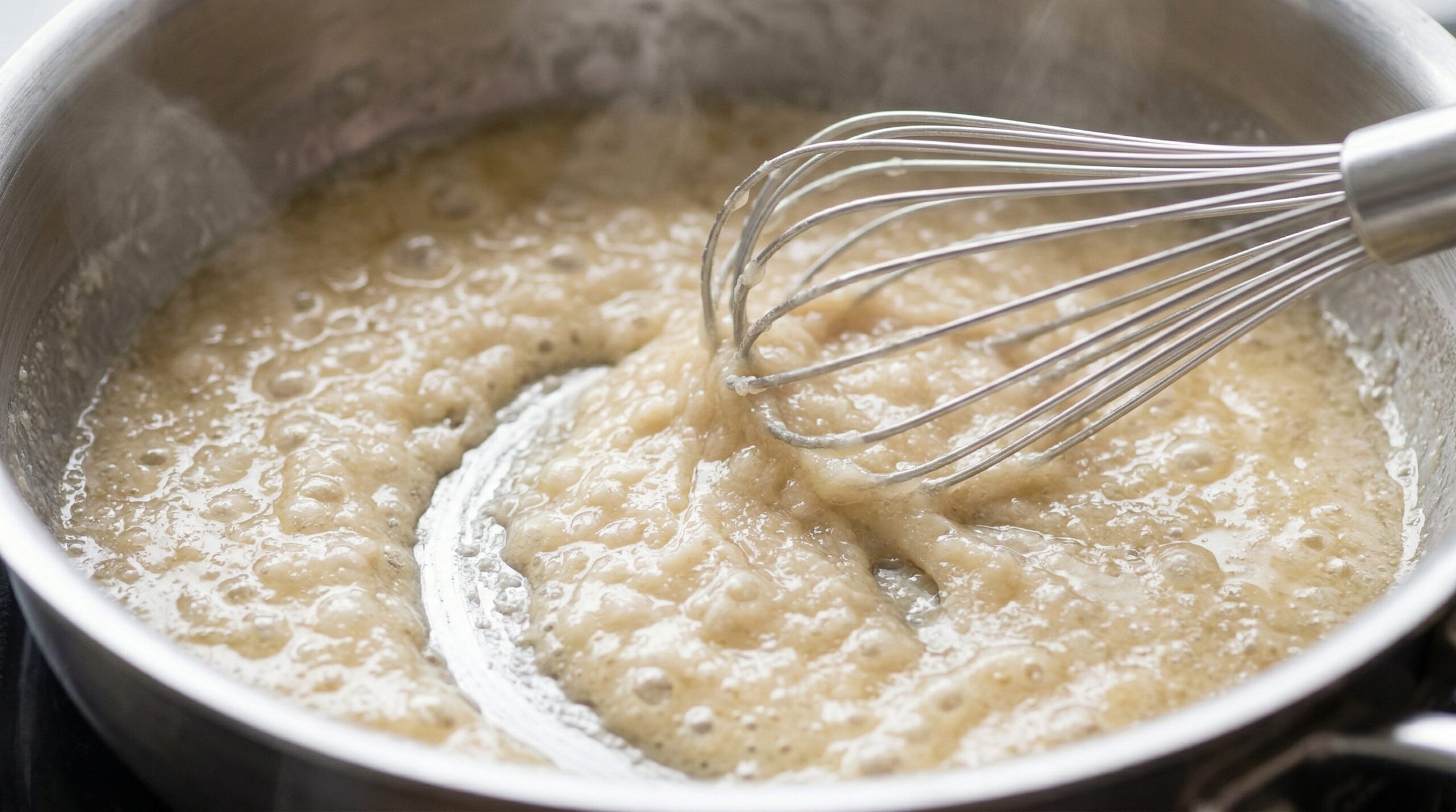 A whisk working milk into a pale butter-and-flour roux to build a smooth bechamel
