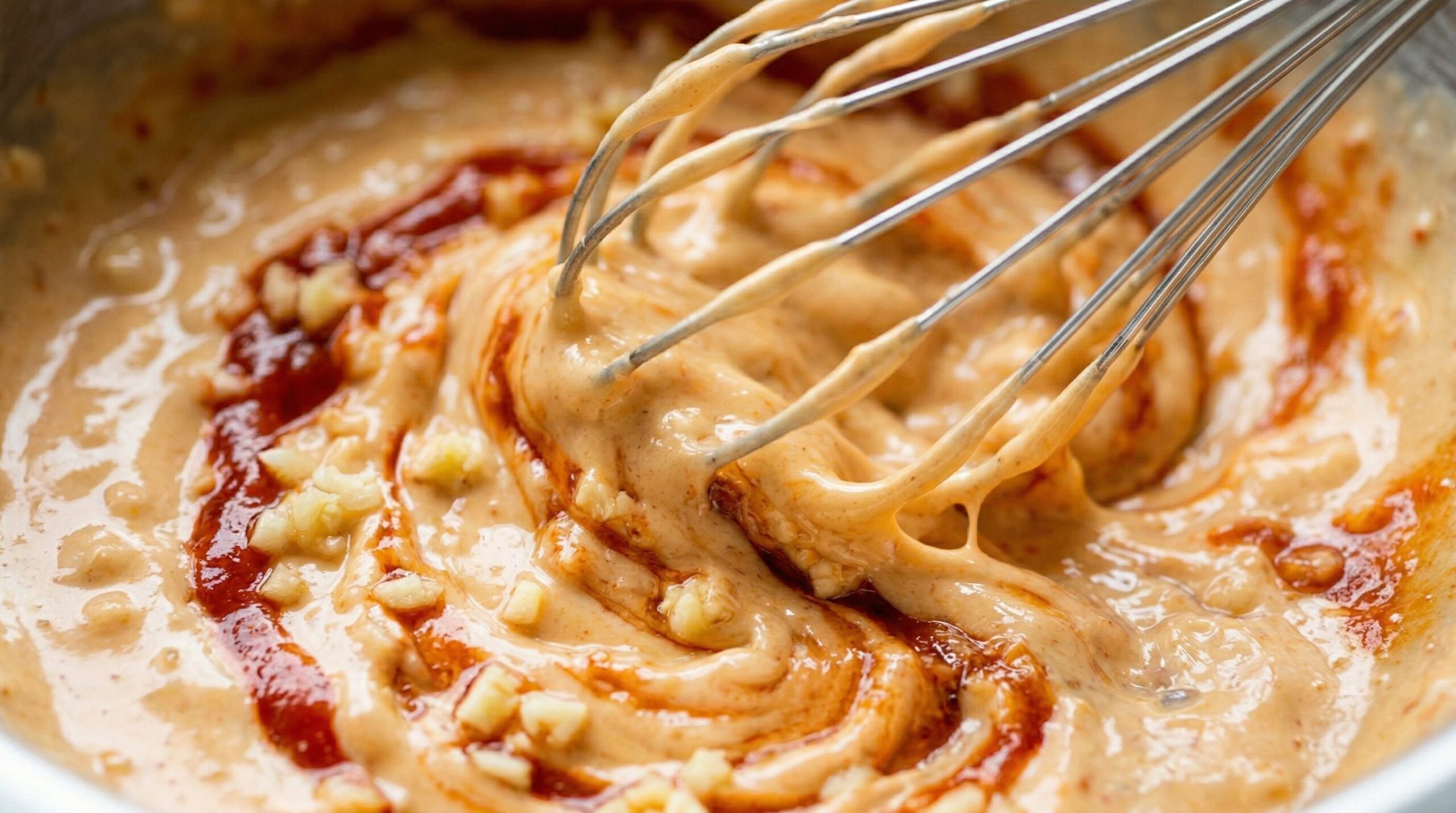 A spicy sriracha aioli being whisked smooth in a bowl