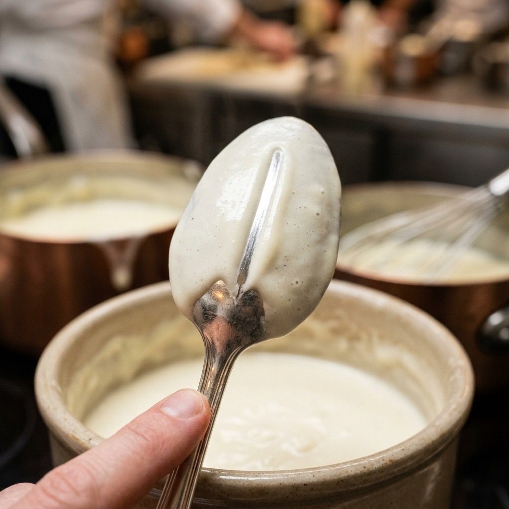 Extreme close-up action shot testing the thickness of the white béchamel sauce with a silver spoon