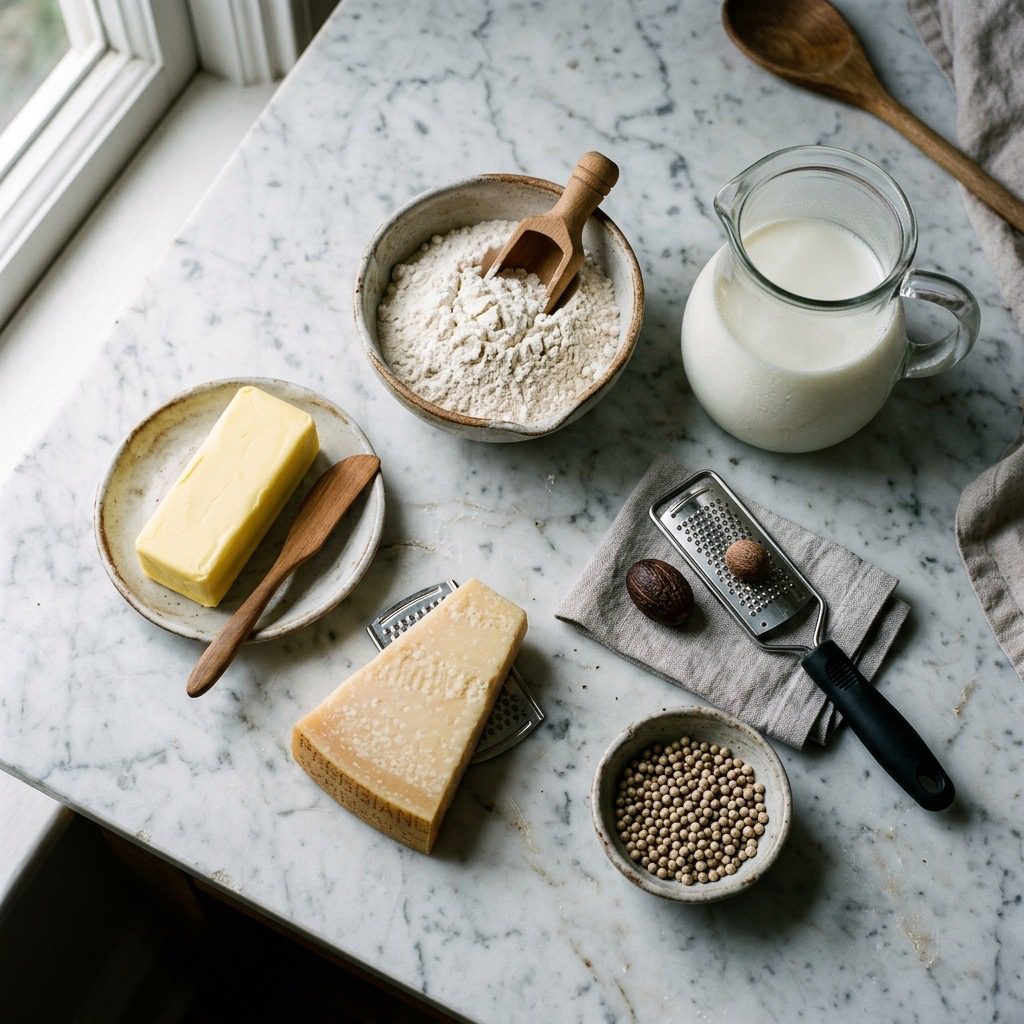 Overhead prep shot of butter, flour, whole milk, Parmesan cheese, and a whole nutmeg seed on marble