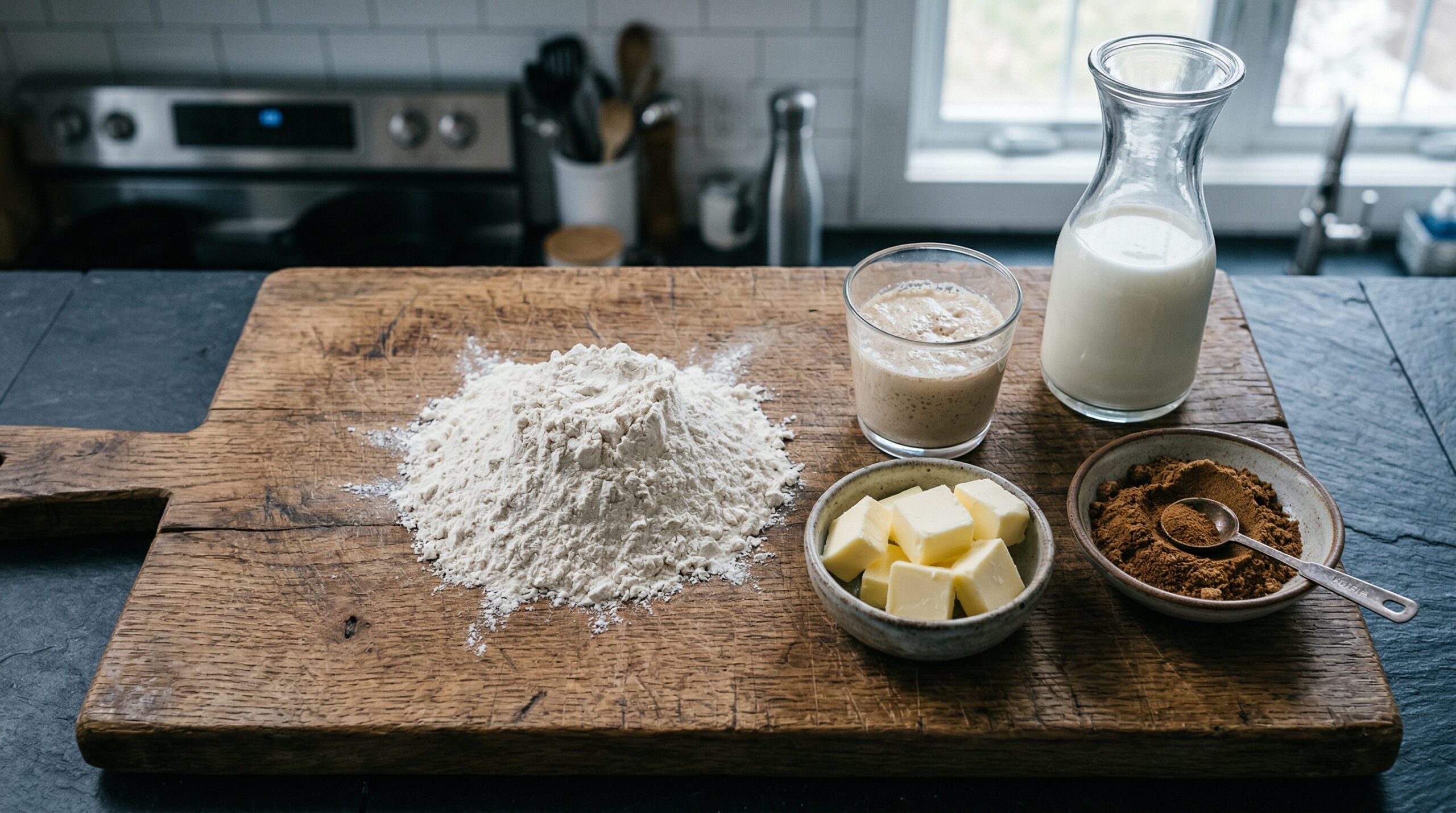 Ingredients for Cinnamon Rolls with Vanilla Glaze arranged for preparation
