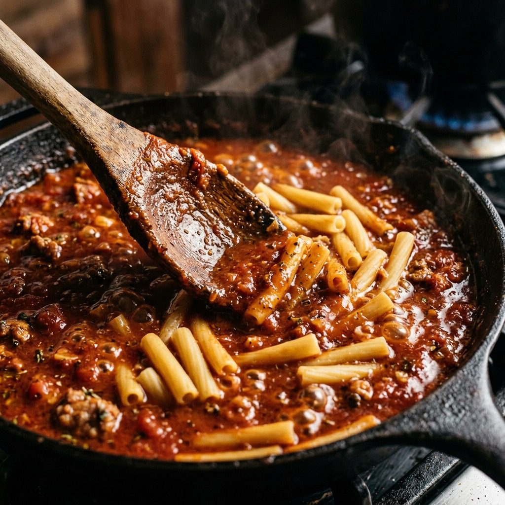 Extreme close-up action shot stirring dry ziti pasta directly into a simmering skillet of dark red sausage tomato sauce