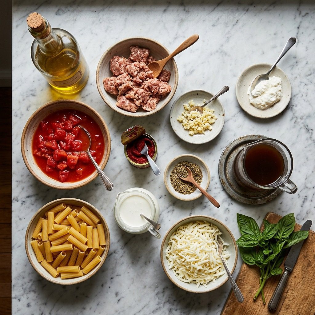 Overhead prep shot of Italian sausage, ziti pasta, diced tomatoes, tomato paste, beef stock, garlic, mozzarella, and fresh basil