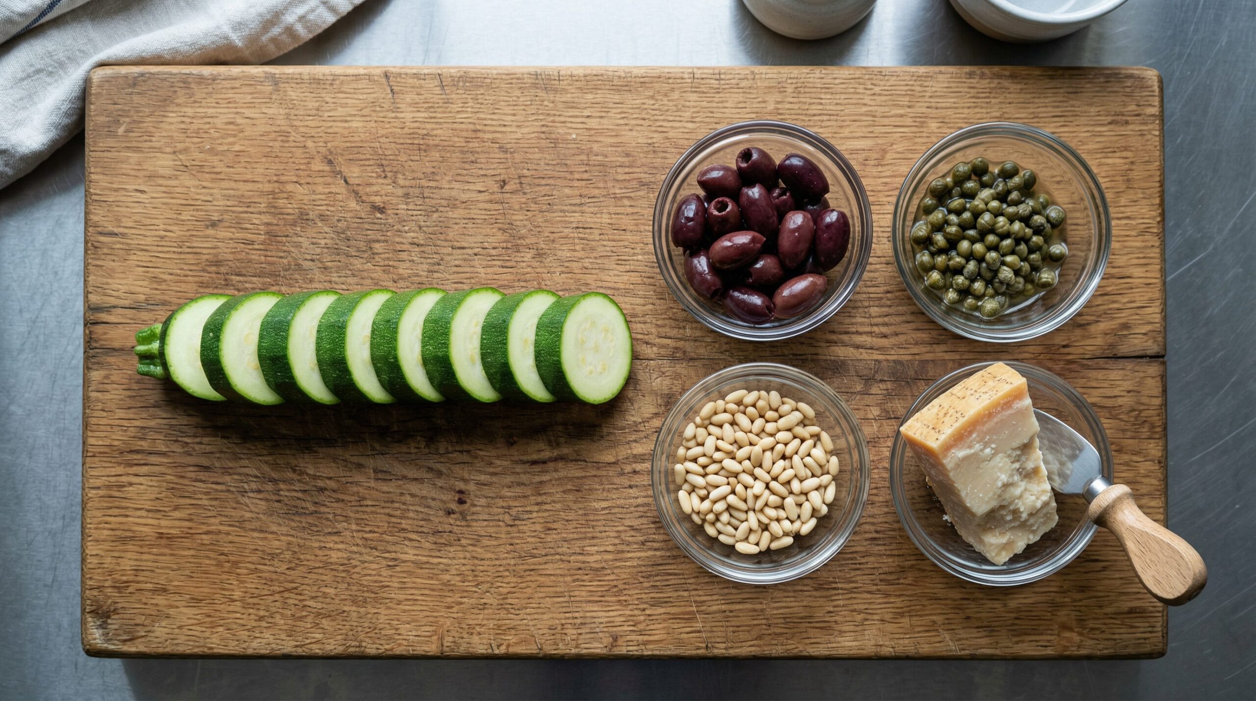 Thick zucchini rounds topped with chopped Kalamata olives, capers, Parmesan, and pine nuts