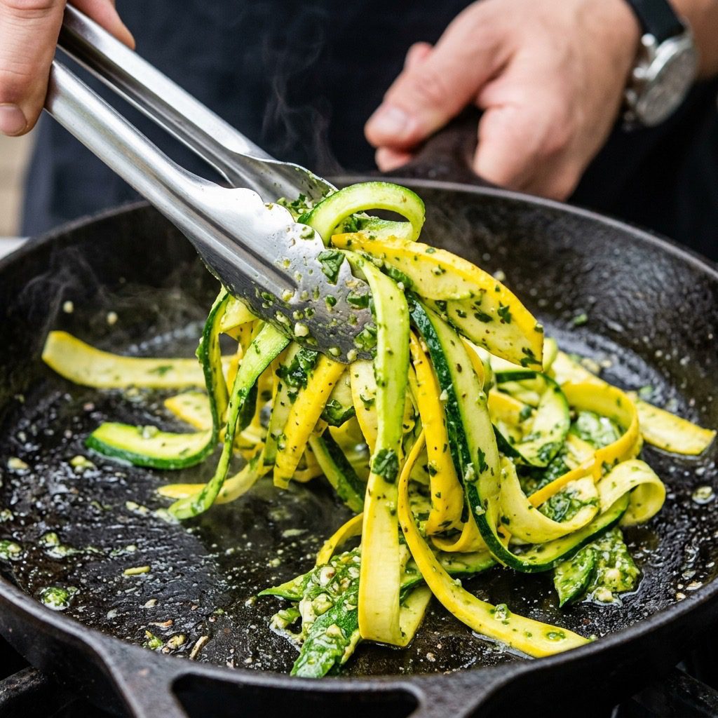 Spiralized zucchini noodles being quickly tossed with garlic in a hot skillet