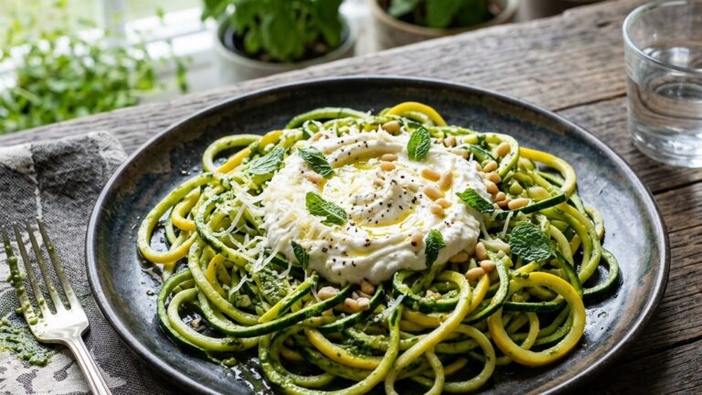 Stunning plated serving of Zucchini Noodles with Pesto and Ricotta Cheese, a chef-tested recipe by Chef Jorj Morgan.