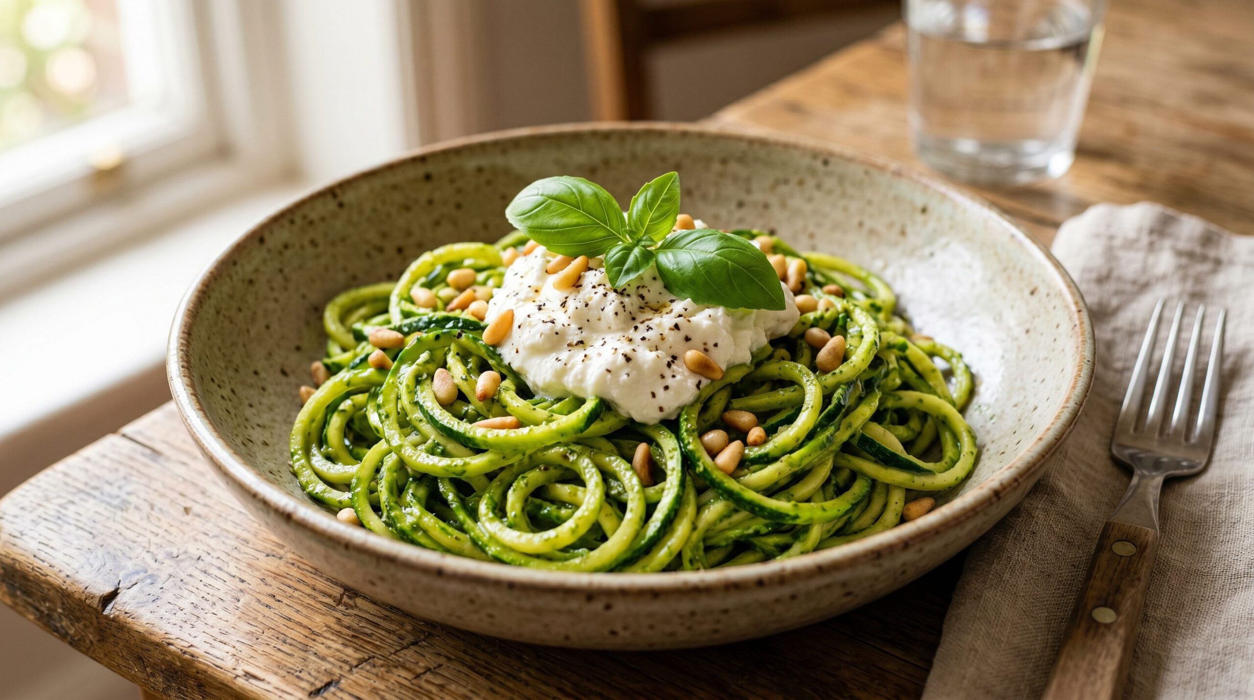 Stunning plated serving of Zucchini Noodles with Pesto and Ricotta Cheese, a chef-tested recipe by Chef Jorj Morgan.