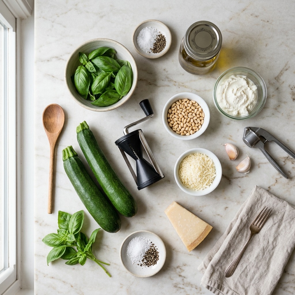 Spiralized zucchini and yellow summer squash noodles beside pesto, ricotta, and fresh herbs
