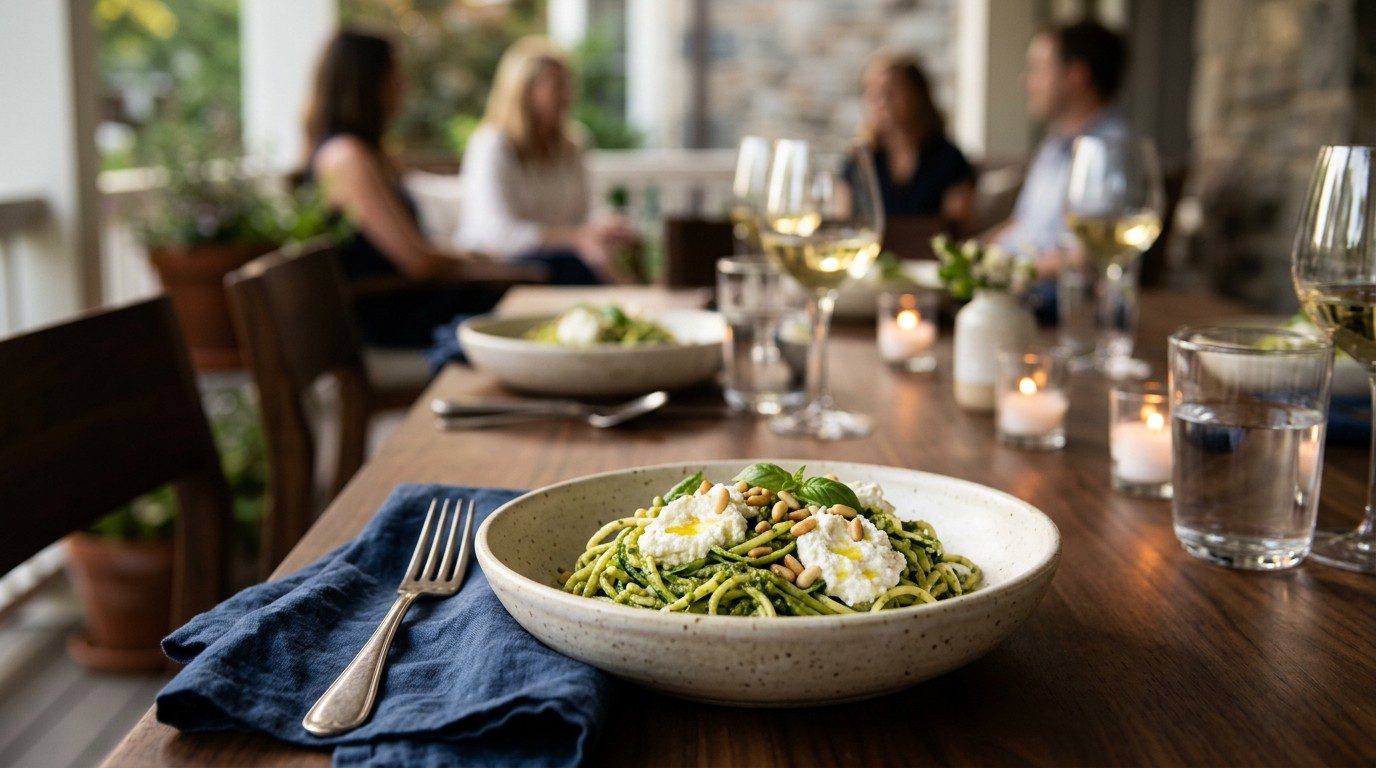 A bowl of zucchini noodles with pesto, ricotta dollops, and fresh herbs on a sunlit estate table