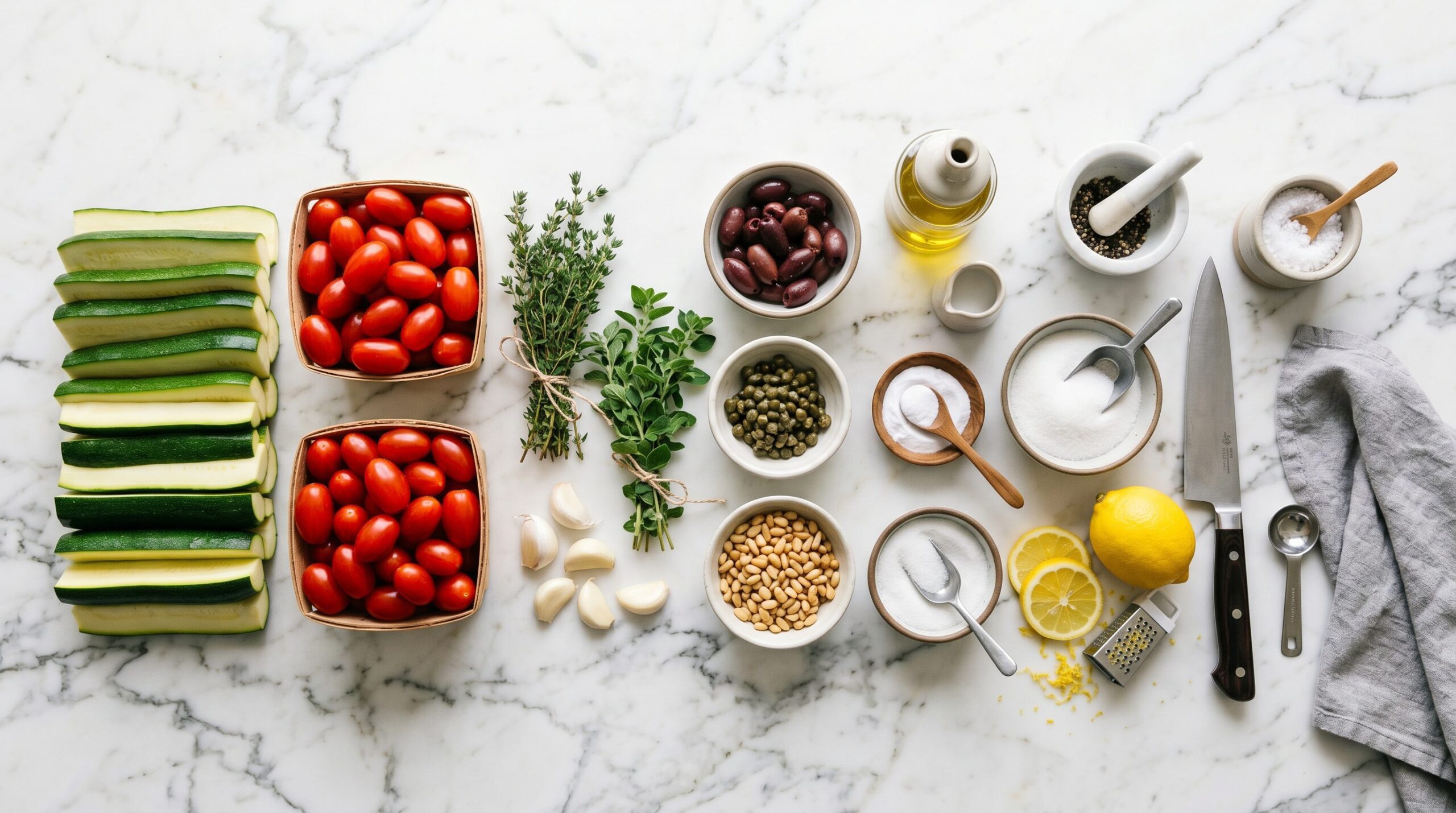 Zucchini pieces, grape tomatoes, garlic, olives, capers, and pine nuts arranged for the dish