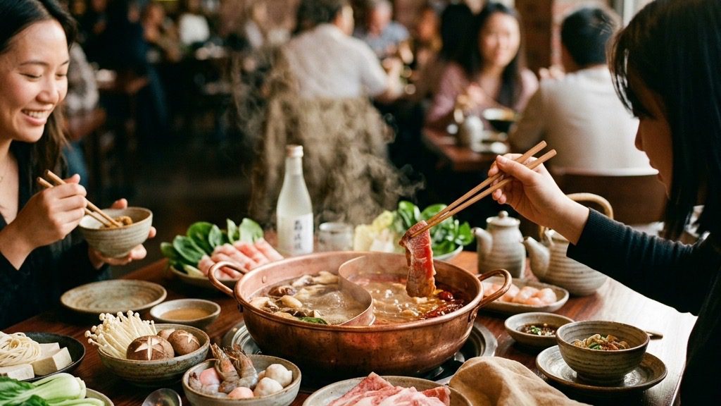 The dual-compartment hot pot simmering with curry and mushroom broths