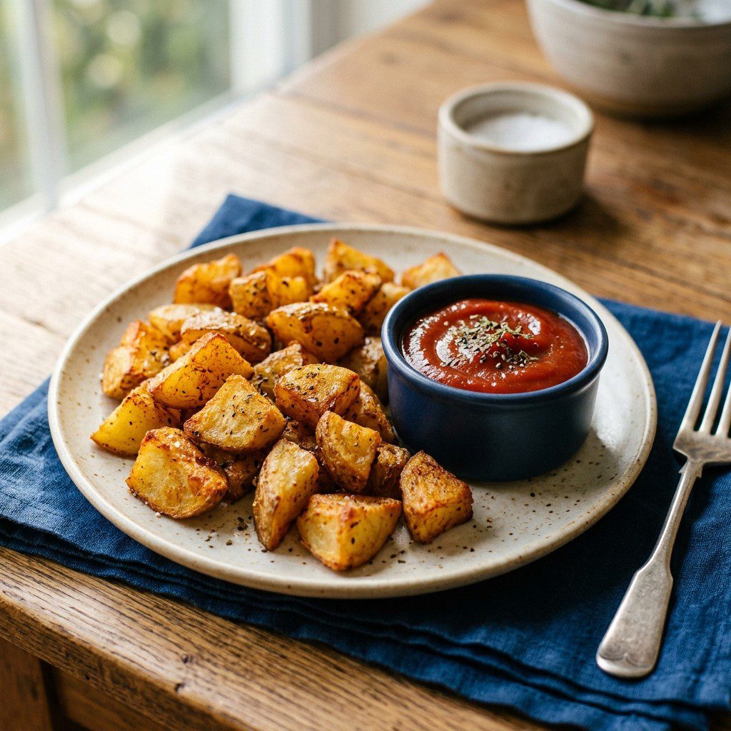 8 guests gathered around the table laughing, eating, and drinking wine, with a large rustic wooden board piled high with crisp Home Fries and seasoned ketchup in the center as the anchor.
