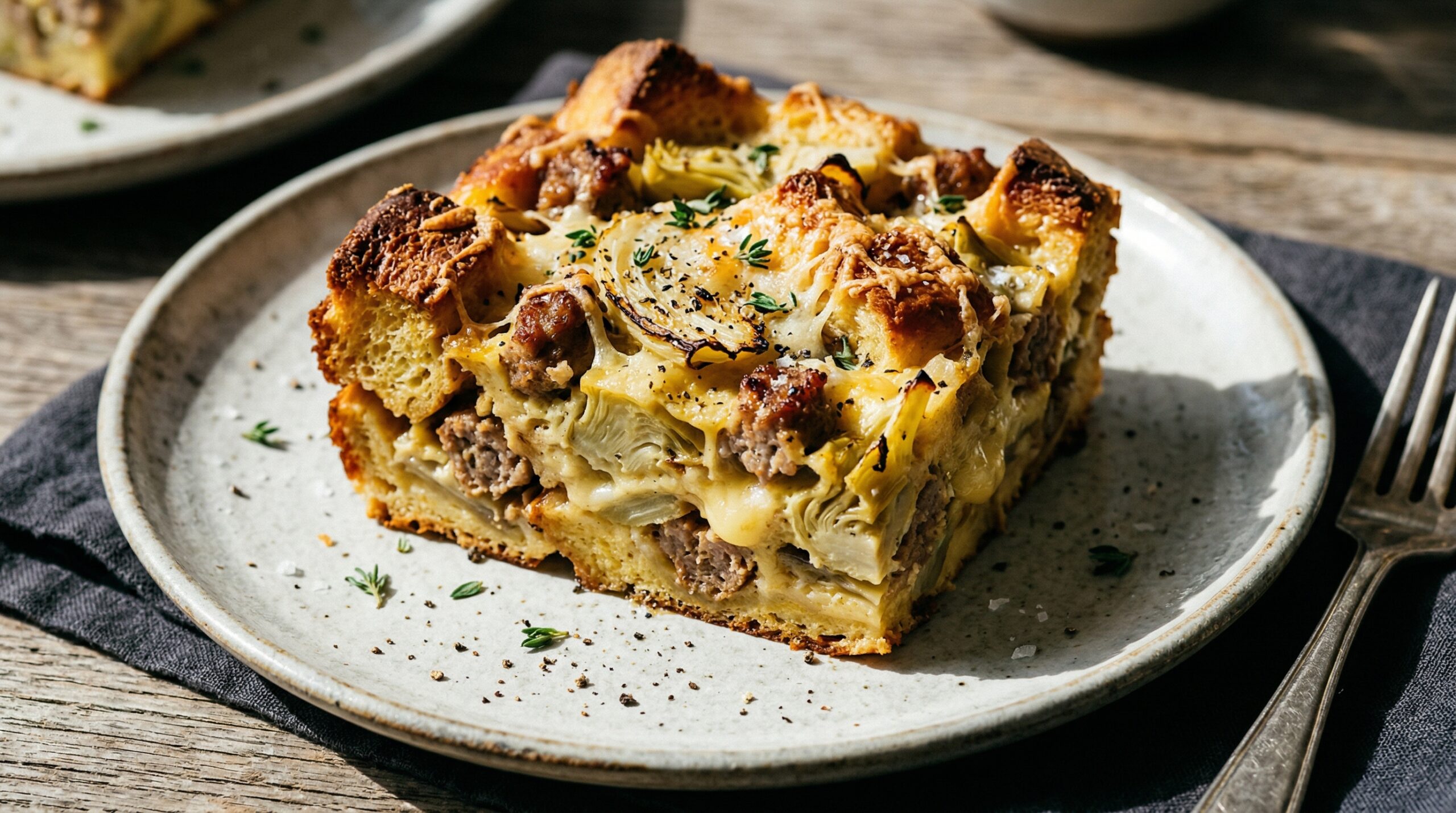 A heavy ceramic baking dish holding bubbling puffed strata, a polished silver serving spatula, and a chef's knife in sharp focus in the foreground, with an elegant morning brunch gathering of four Caucasian couples blurred in the background