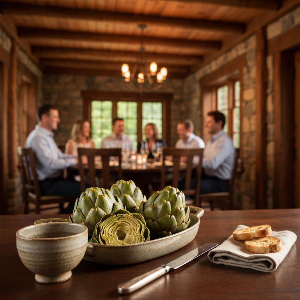 A gorgeous single-view lifestyle photo of freshly prepared Artichokes with Lemon Balsamic Dip.