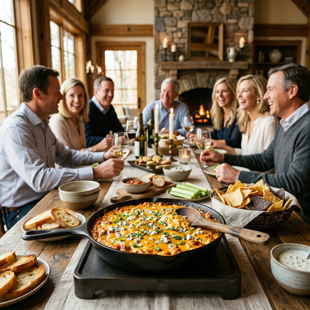 Abundant Buffalo Chicken Dip service for eight in a sun-drenched estate living room