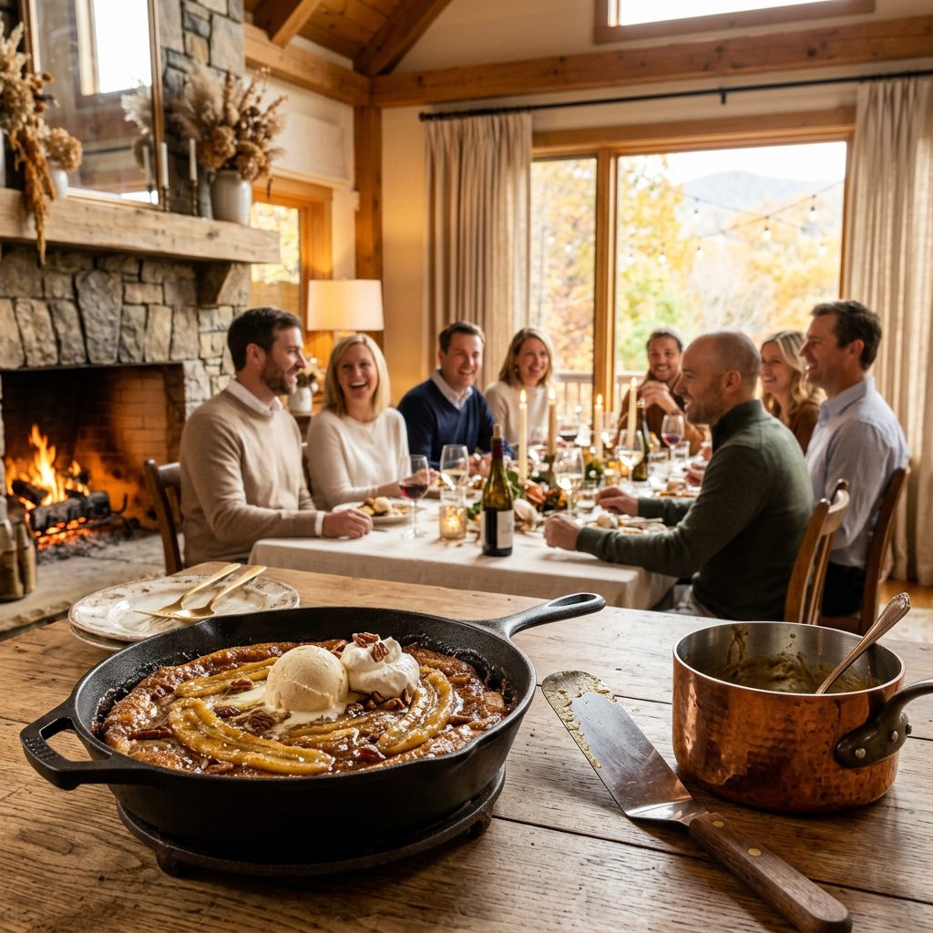 A heavy cast-iron skillet, a professional stainless steel spatula, and a small ceramic pitcher in sharp focus in the foreground, with an elegant, softly lit morning dining room blurred in the background
