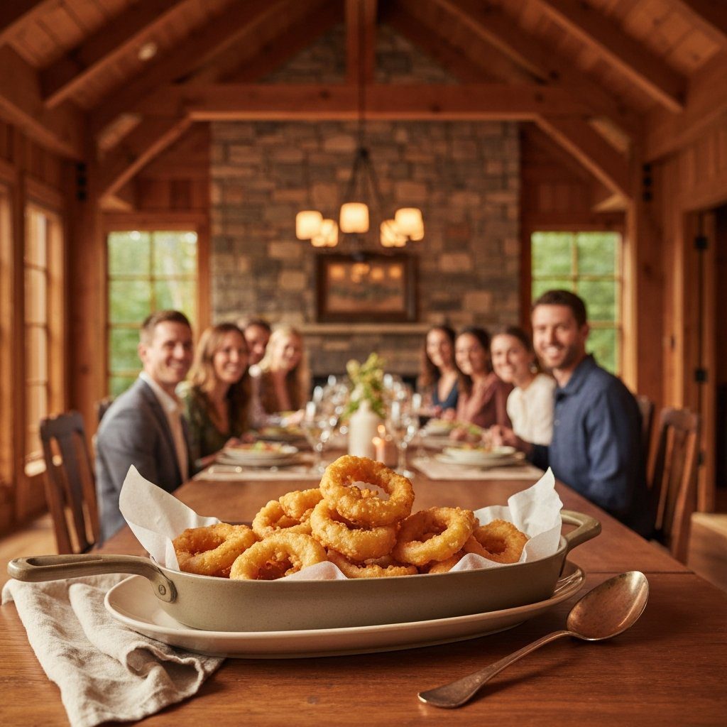 A gorgeous single-view lifestyle photo of freshly prepared Beer Battered Fried Onion Rings.