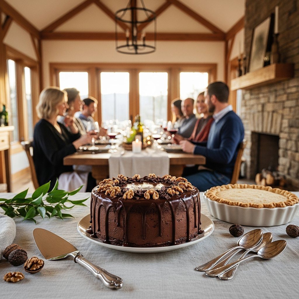 A gorgeous single-view lifestyle photo of freshly prepared Black Walnut Chocolate Cake.