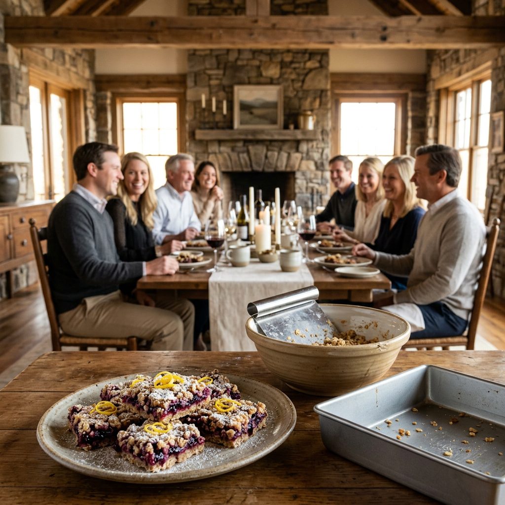 Mid-afternoon estate sunroom gathering for eight featuring platters of blackberry jam oat bars