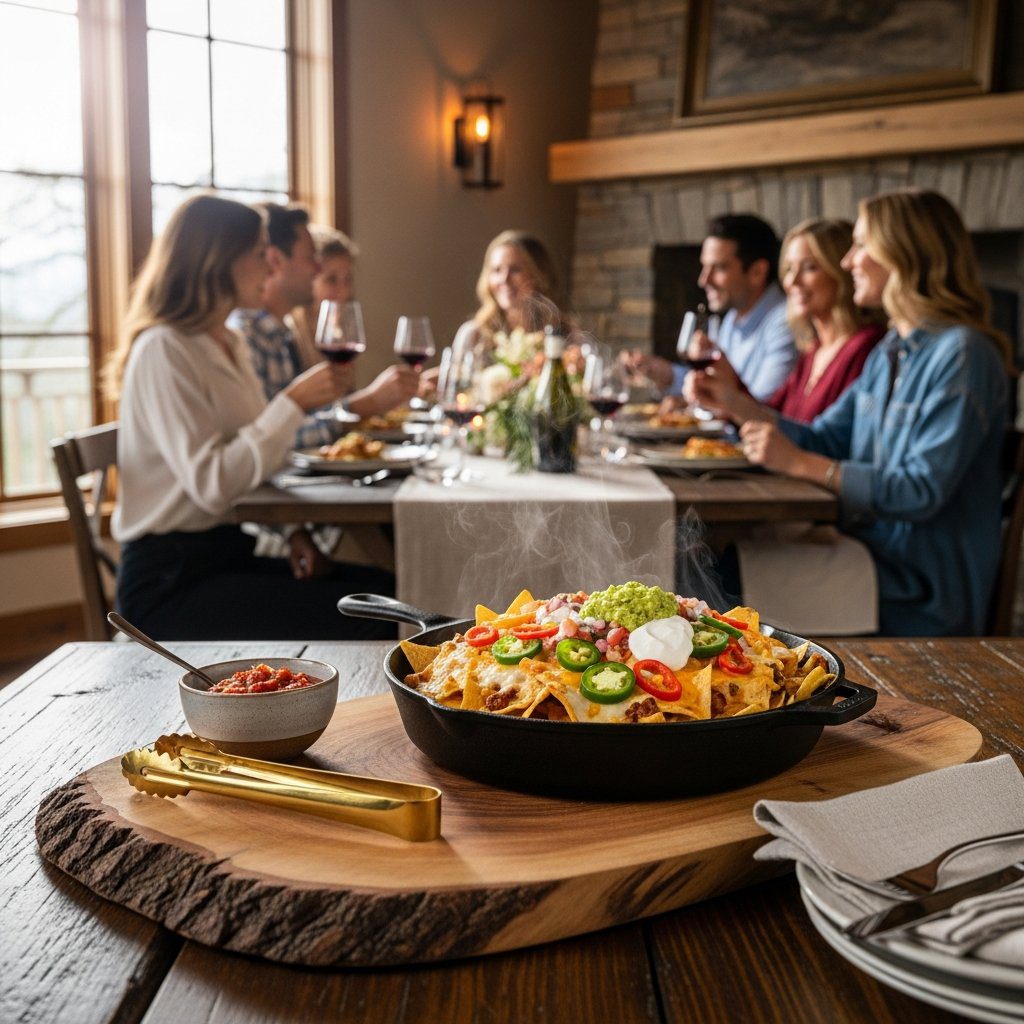 A gorgeous single-view lifestyle photo of freshly prepared Cast Iron Skillet Nachos.
