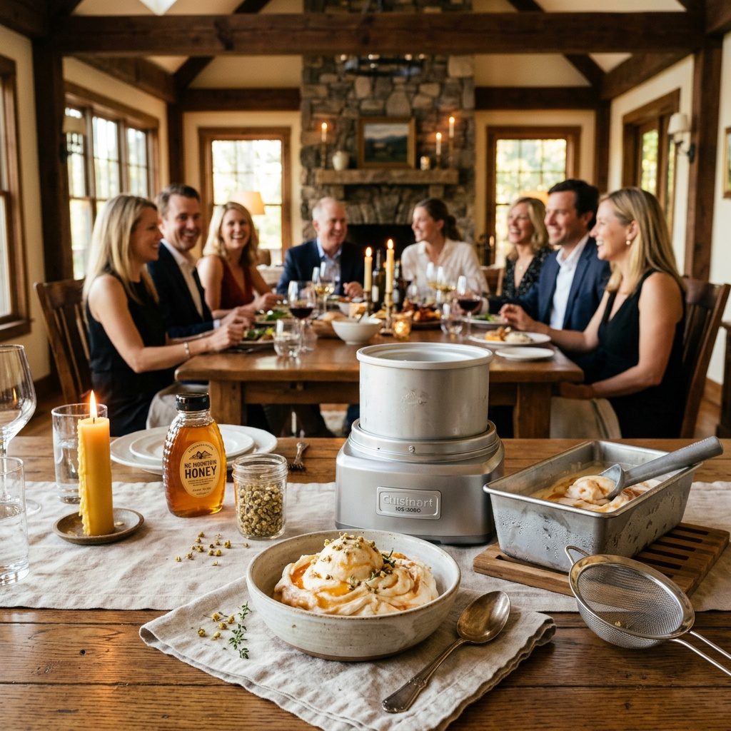 Evening estate terrace celebration for eight featuring crystal coupes of chamomile honey ice cream at sunset