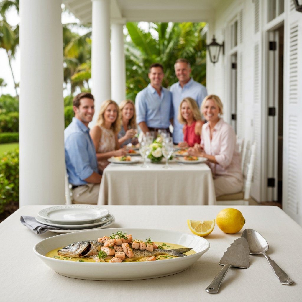 A gorgeous single-view lifestyle photo of freshly prepared Coastal Swordfish & Root Vegetable Chowder.