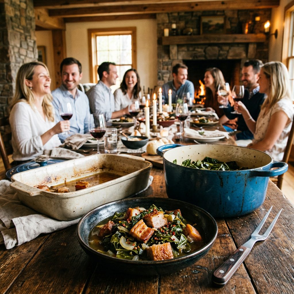 A heavy enameled cast-iron Dutch oven, a silver meat fork, and a glass bottle of dark balsamic vinegar in sharp focus in the foreground, with an elegant softly lit dining room gathering blurred in the background
